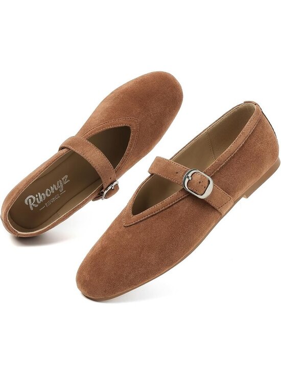 Shoes - Women's Tan Suede Flats Foldable Ballet Mary Jane Comfort Round Toe Dress Shoes